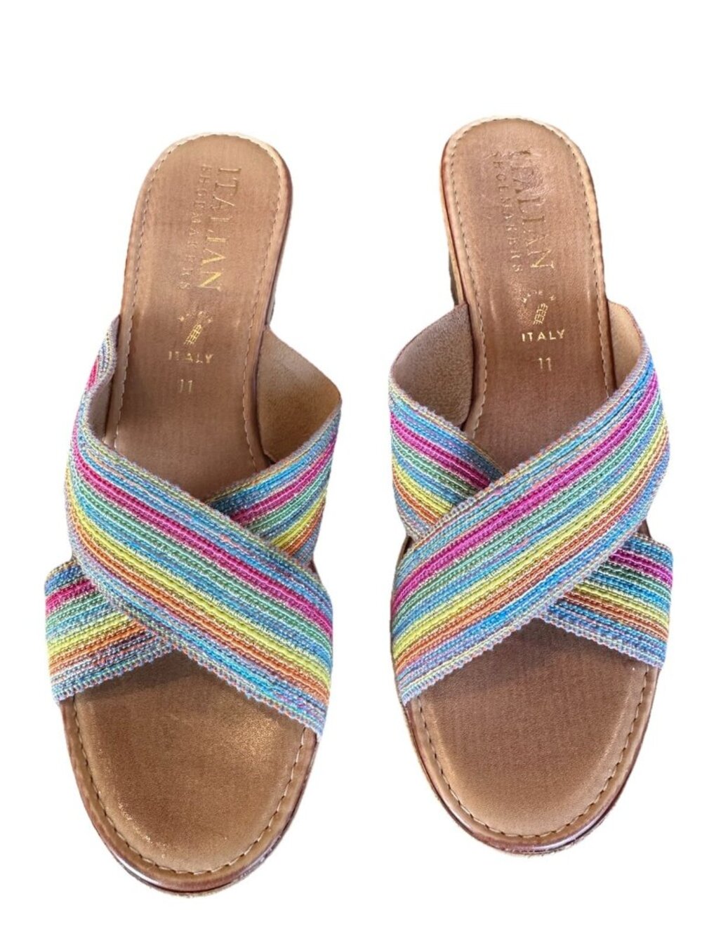 Italian Shoemakers Keisi High Wedge Slip On Sandals Rainbow Straps Size 11